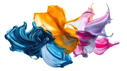 Fototapeta premium Dynamic brushstrokes of oil paint in contrasting bright colors, creating a sense of motion, isolated on a white background, abstract art concept, no branding or text, highly detailed. 