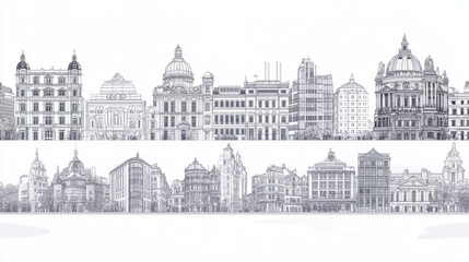 Urbanscape Linear Banner: Customizable Cityscape with Diverse Objects and Background Fill