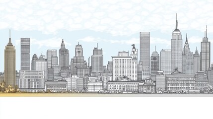 Fototapeta premium Urbanscape Linear Banner: Customizable Cityscape with Diverse Objects and Background Fill