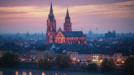 Obraz premium Serene Sunset Over Historic Cathedral in Charming European Town