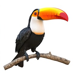 Obraz premium A vibrant toucan perched on a branch, isolated on a white background. Generative ai