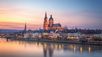 Obraz premium Majestic Riverfront View of Historic City at Sunset in Germany