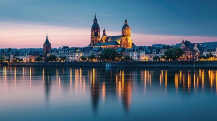 Obraz premium Scenic riverfront view of historic city with beautiful architecture