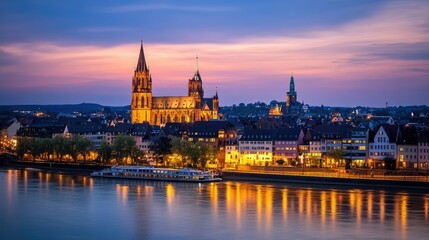 Obraz premium Scenic View of Cathedral and River at Sunset in Germany