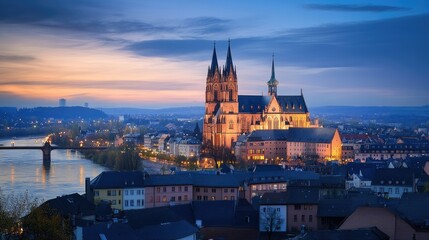 Obraz premium Scenic View of Cathedral by River at Twilight in Germany