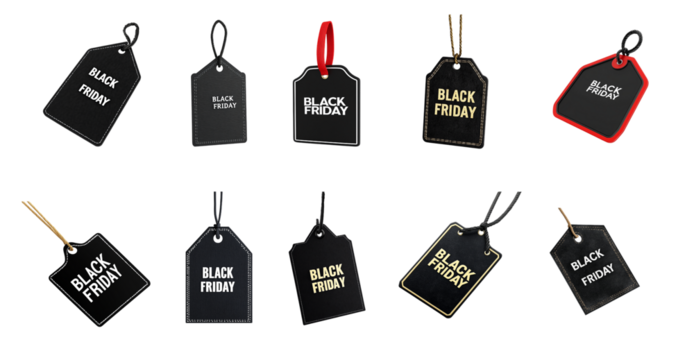Pack PNG black tag featuring Black Friday Off, set against transparent background for clarity. Ideal for use in promotional materials, sales advertisements, or discount offers