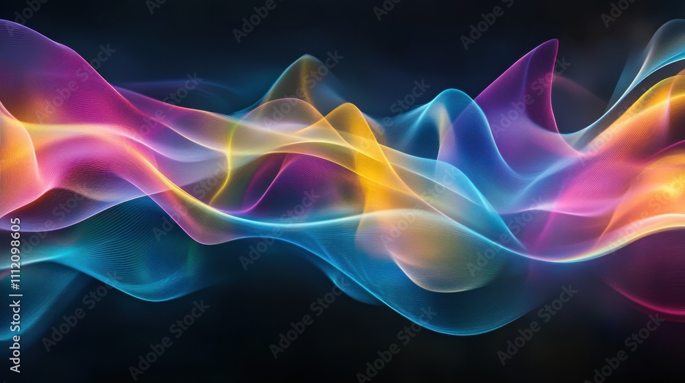 Poster vibrant sound wave: dynamic and colorful sound waves ripple across a dark backdrop, creating a visua