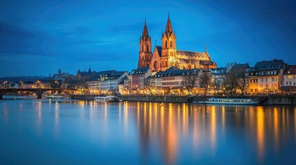 Naklejka premium Beautiful Night View of Mainz City with Cathedral by the River
