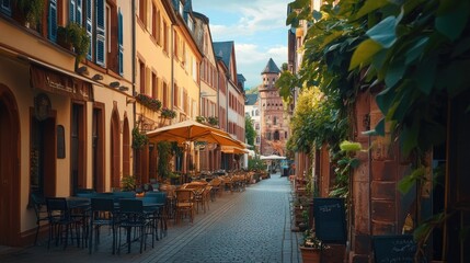 Fototapeta premium Charming Cobblestone Alleyway with Outdoor Cafes and Historic Buildings