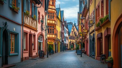 Obraz premium Colorful Historic Street in Charming European Town with Cobblestones