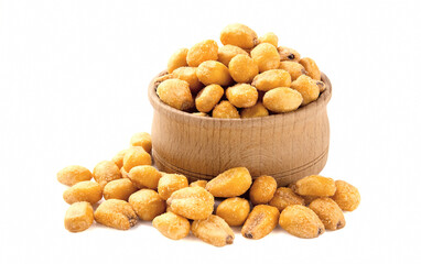 Roasted salted corn nuts in wooden bowl, isolated on white background.