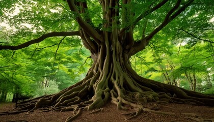 This is a majestic wide tree with a dense canopy of green and sprawling roots, cut out of