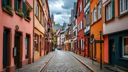 Charming narrow street in historic European town under cloudy sky