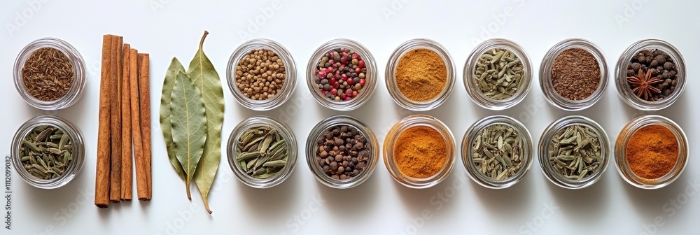 Aufkleber vibrant spices in small jars alongside bay leaves and cinnamon sticks create an aromatic display on 