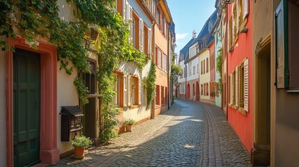 Fototapeta premium Charming European Cobblestone Street with Colorful Houses and Ivy