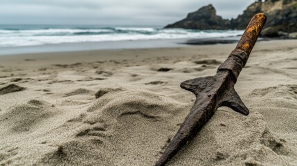Ancient harpoon resting on sandy beach, partially buried with weathered wooden handle and rusted metal tip, evoking historical maritime heritage and archaeological significance.
