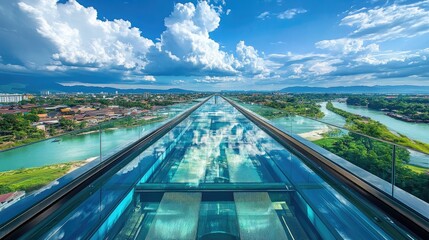 Fototapeta premium Stunning Aerial View of City River and Blue Sky with Clouds