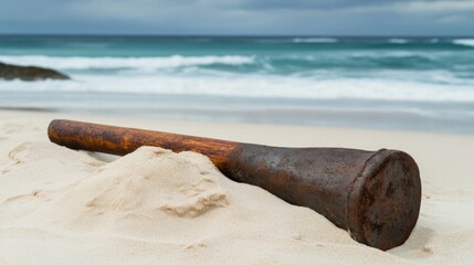 Ancient harpoon resting on sandy beach, partially buried with weathered wooden handle and rusted metal tip, evoking historical maritime heritage and archaeological significance.