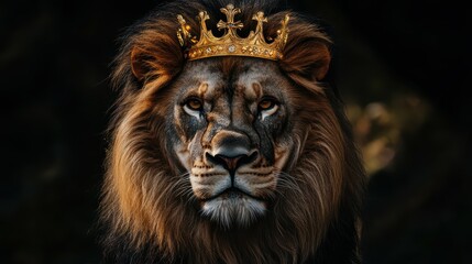 Fototapeta premium lion head with golden king crown on black background