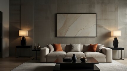  Modern minimalist living room design with a sleek sofa against a textured stucco wall, framed artwork elegantly arranged above