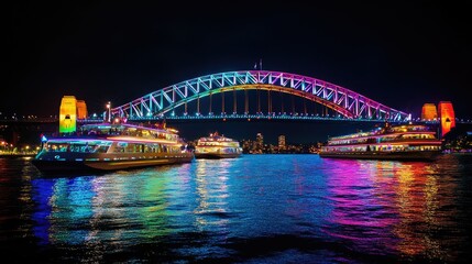 Naklejka premium Vibrant Nighttime Scene of Sydney Harbour with Colorful Illuminated Boats