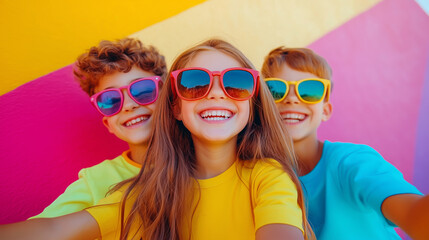 Colorful, vibrant portrait of a white laughing two boys, one girl 7-10 years, wearing colorful, sunglasses, against a bright wall. smile widely, radiating joy and fun energy. essence of friendship
