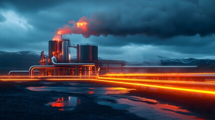A large industrial plant with a lot of pipes and a lot of smoke coming out of it. The smoke is orange and the sky is dark