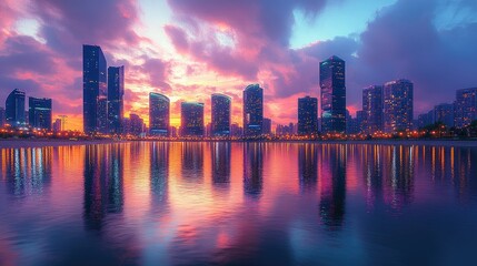 Obraz premium A vibrant city skyline reflected in water during sunset, showcasing urban beauty and tranquility.