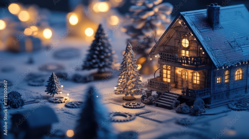 Poster engineers and architects create a detailed blueprint of a christmas tree and holiday cabin with gear