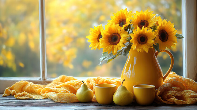 Sunflowers in a yellow pitcher with pears and warm fabric near a bright window during autumn. Generative AI