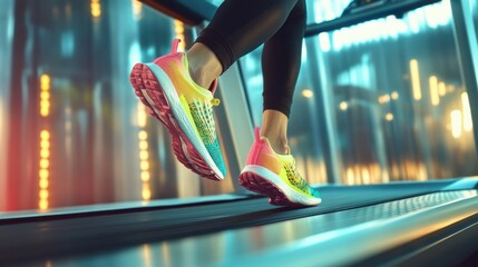 Dynamic stride on the treadmill: A close-up captures the vibrant energy of a person's feet in motion on a treadmill, showcasing athletic footwear in a burst of color.