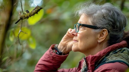 A woman wearing glasses looks up thoughtfully as she observes nature.