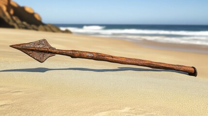 Ancient harpoon resting on sandy beach, partially buried with weathered wooden handle and rusted metal tip, evoking historical maritime heritage and archaeological significance.