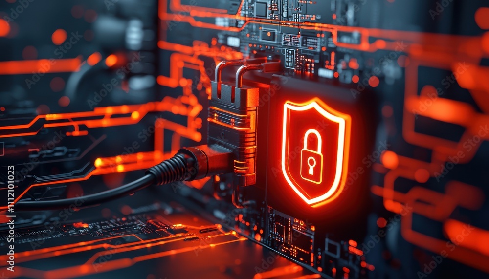 Poster a glowing lock symbol on a circuit board backdrop, representing cybersecurity and digital protection