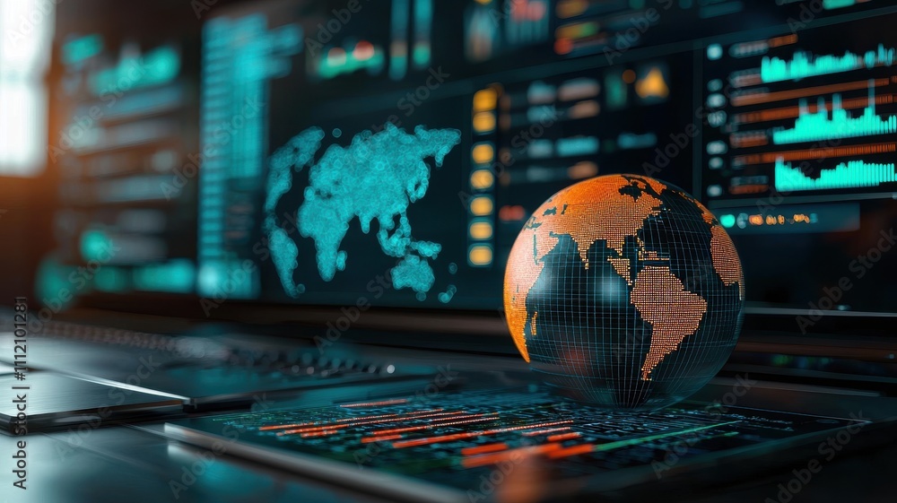 Aufkleber global connectivity technology concept. a digital globe sits atop a keyboard, surrounded by vibrant 