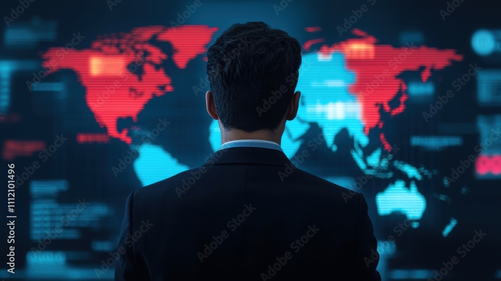 Poster a suited individual analyzes a digital world map illuminated in blue and red, indicating data flow o