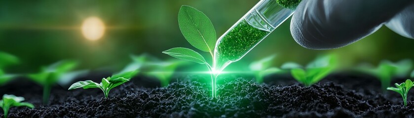 A hand holds a test tube above young green plants, suggesting a fusion of science and nature, emphasizing growth and innovation in agriculture.