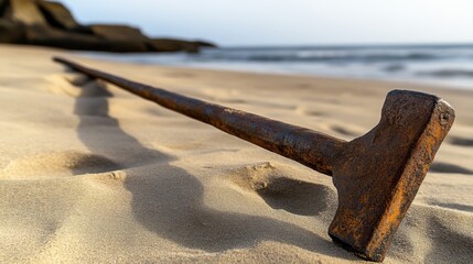 Ancient harpoon resting on sandy beach, partially buried with weathered wooden handle and rusted metal tip, evoking historical maritime heritage and archaeological significance.