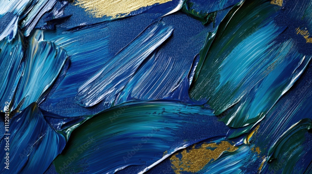 Poster abstract swirls of blue and gold: close-up of abstract artwork, showing strokes of deep blue and gol