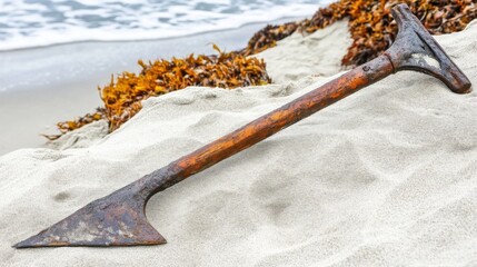 Ancient harpoon resting on sandy beach, partially buried with weathered wooden handle and rusted metal tip, evoking historical maritime heritage and archaeological significance.