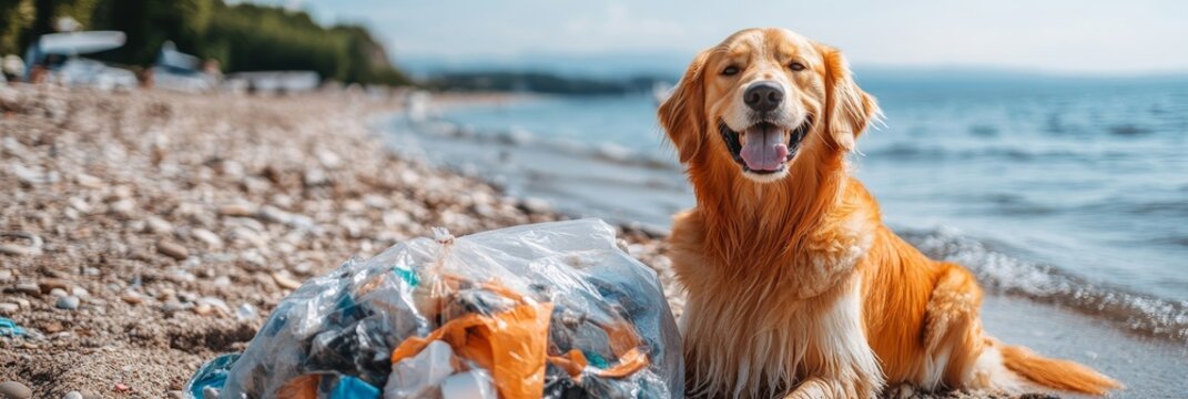 Happy Golden Retriever Dog Near Plastic Waste at the Beach, Pollution Concept. Selective Focus.