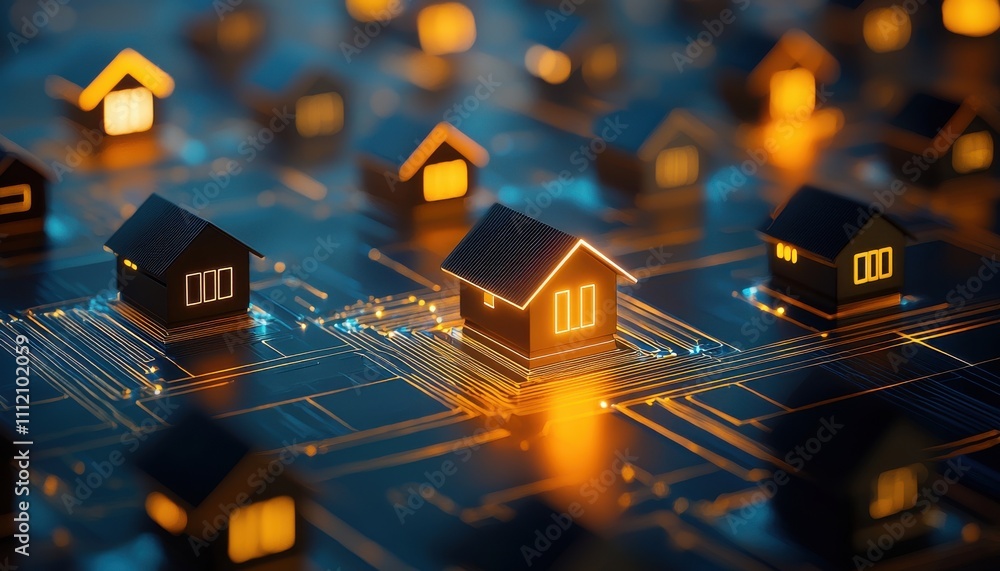 Poster a futuristic digital landscape featuring illuminated houses connected by circuit patterns, symbolizi