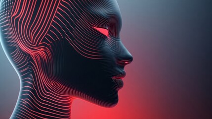 Futuristic digital face with glowing red lines on a dark background, AI