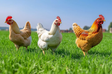 Fototapeta premium Three colorful chickens roaming freely on a lush green field under a bright blue sky, representing free-range farming and rural life