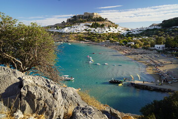 Lindos bay is full of boats and yatchs