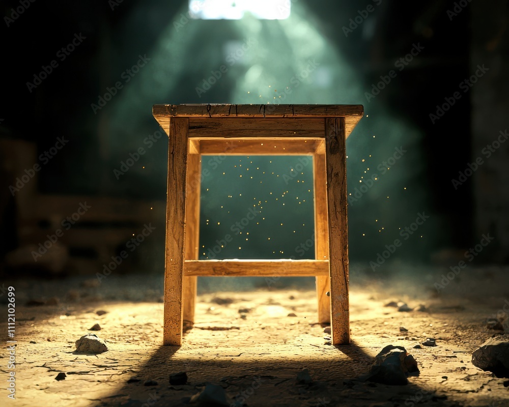 Poster a solitary wooden stool illuminated by soft rays of light in a dimly lit space, surrounded by dust p