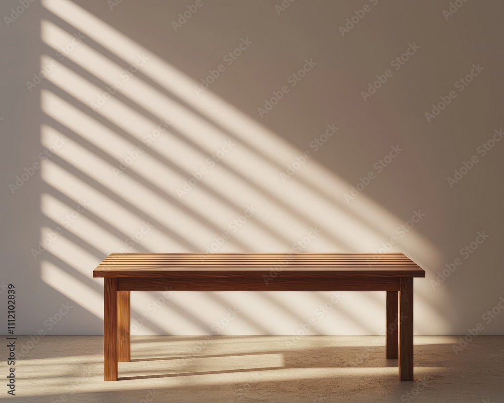 Poster a simple wooden table casting shadows on a minimalist wall, creating a serene atmosphere with soft l