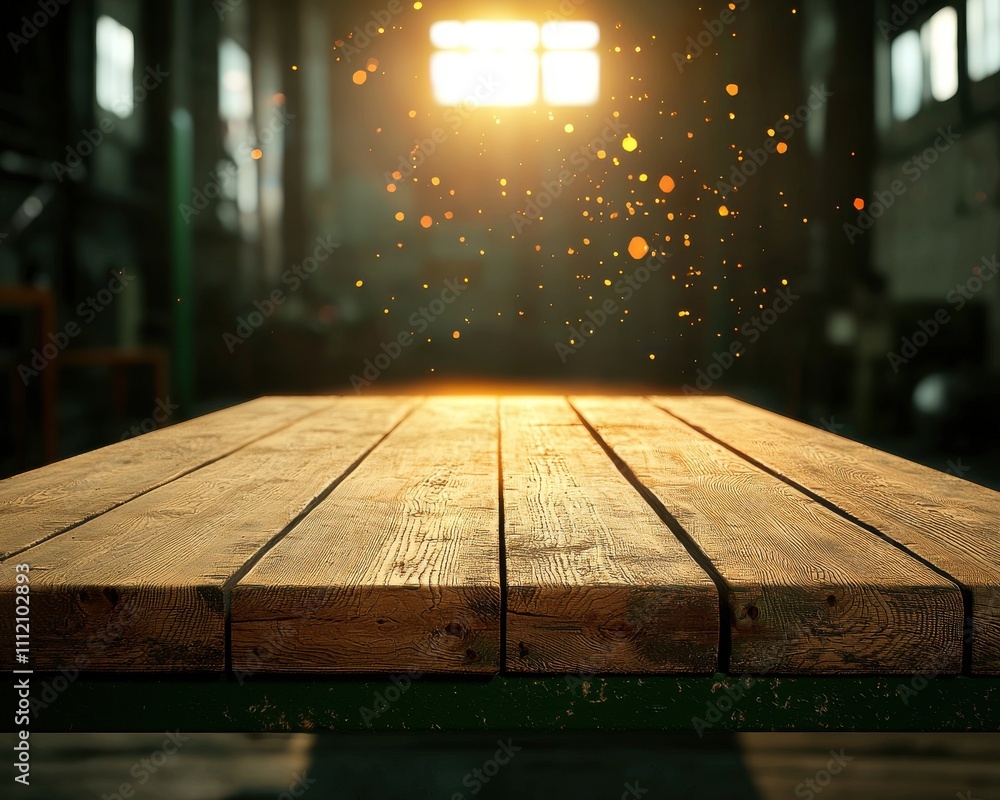 Poster a rustic wooden table is illuminated by warm sunlight, creating a cozy atmosphere with floating dust