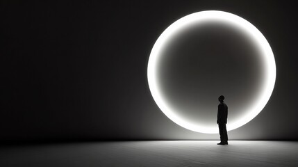Obraz premium A silhouette stands before a glowing circle in a dark, minimalist space, AI