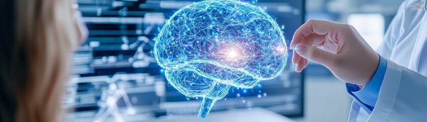 A futuristic depiction of a medical professional interacting with a holographic brain, symbolizing advancements in neuroscience and technology.